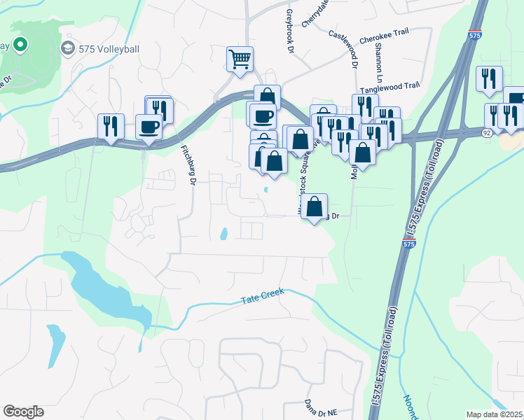 map of restaurants, bars, coffee shops, grocery stores, and more near 1000 View Drive in Woodstock