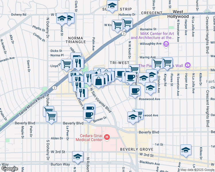 map of restaurants, bars, coffee shops, grocery stores, and more near 8646 Melrose Avenue in West Hollywood