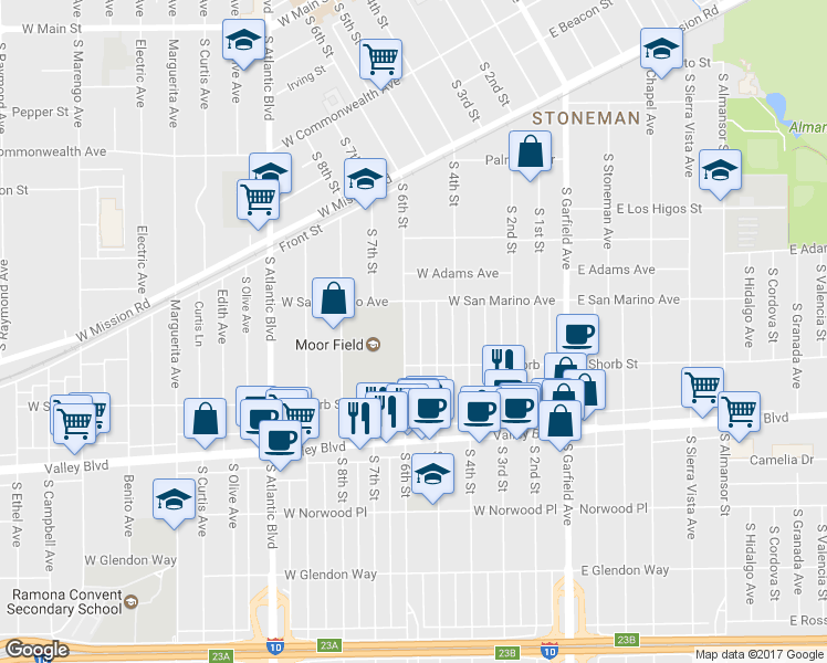 map of restaurants, bars, coffee shops, grocery stores, and more near 1024 South 6th Street in Alhambra