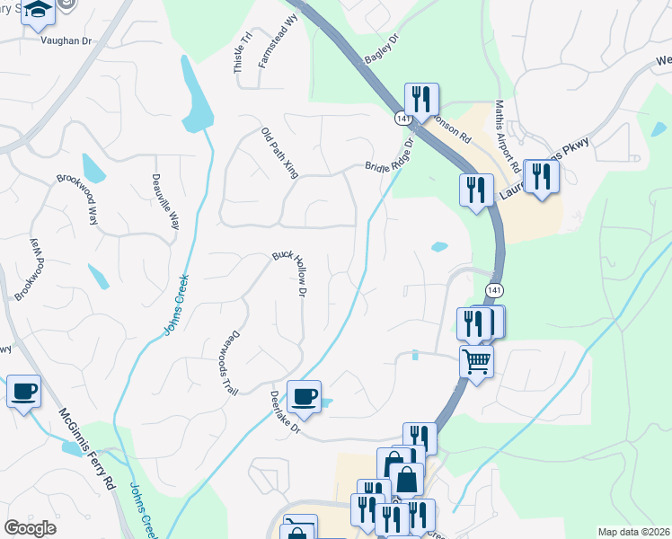 map of restaurants, bars, coffee shops, grocery stores, and more near 3810 Shiloh Ridge Run in Suwanee
