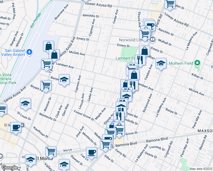 map of restaurants, bars, coffee shops, grocery stores, and more near 11358 Frankmont Street in El Monte