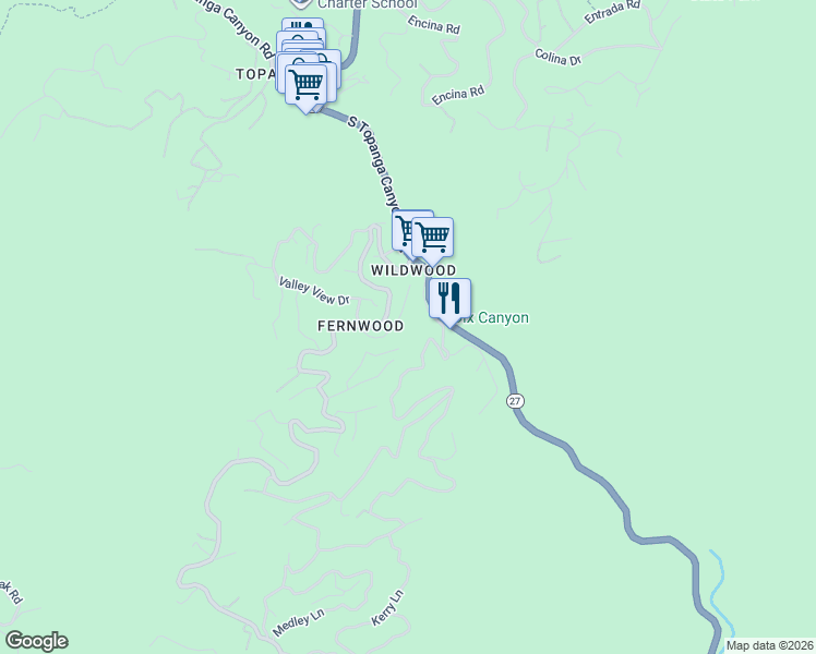 map of restaurants, bars, coffee shops, grocery stores, and more near 19477 Grand View Drive in Topanga