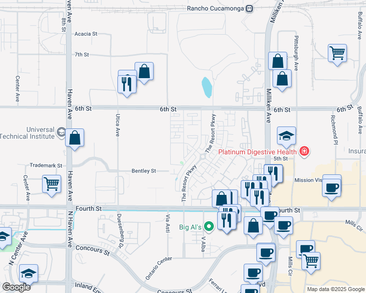 map of restaurants, bars, coffee shops, grocery stores, and more near The Resort Parkway in Rancho Cucamonga