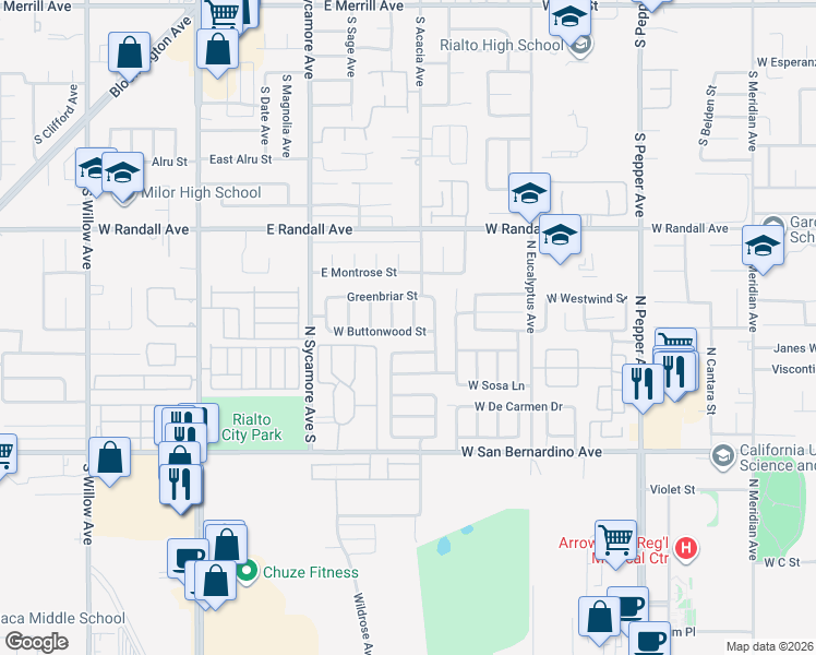map of restaurants, bars, coffee shops, grocery stores, and more near 1907 West Buttonwood Street in Colton