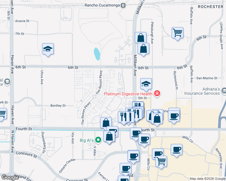 map of restaurants, bars, coffee shops, grocery stores, and more near 9400 Fairway View Place in Rancho Cucamonga