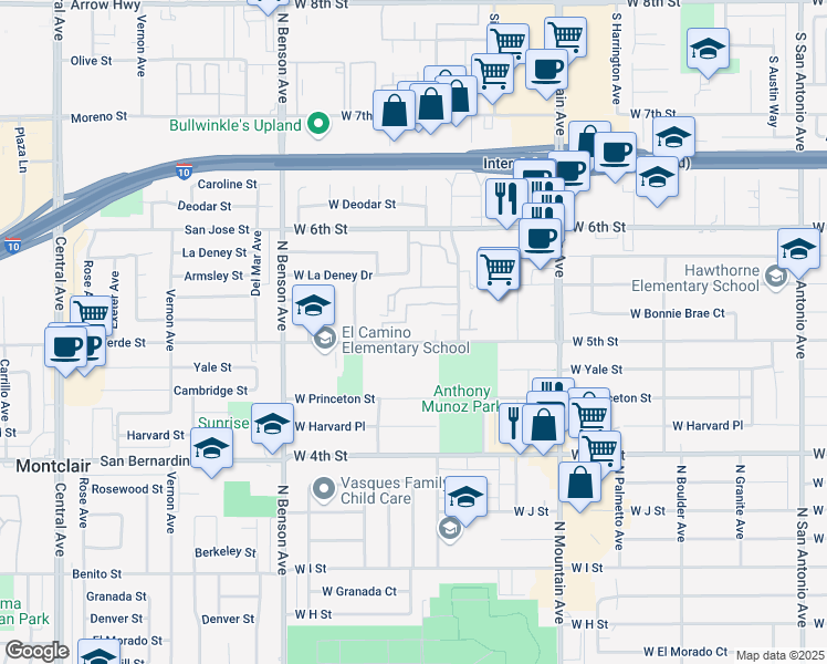map of restaurants, bars, coffee shops, grocery stores, and more near 1355 West 5th Street in Ontario