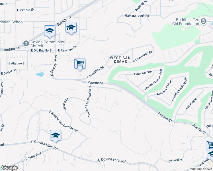 map of restaurants, bars, coffee shops, grocery stores, and more near 2127 Rancho Culebra Drive in Covina