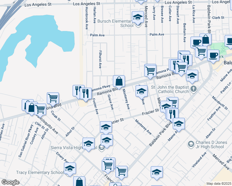 map of restaurants, bars, coffee shops, grocery stores, and more near 13508 Ramona Boulevard in Baldwin Park