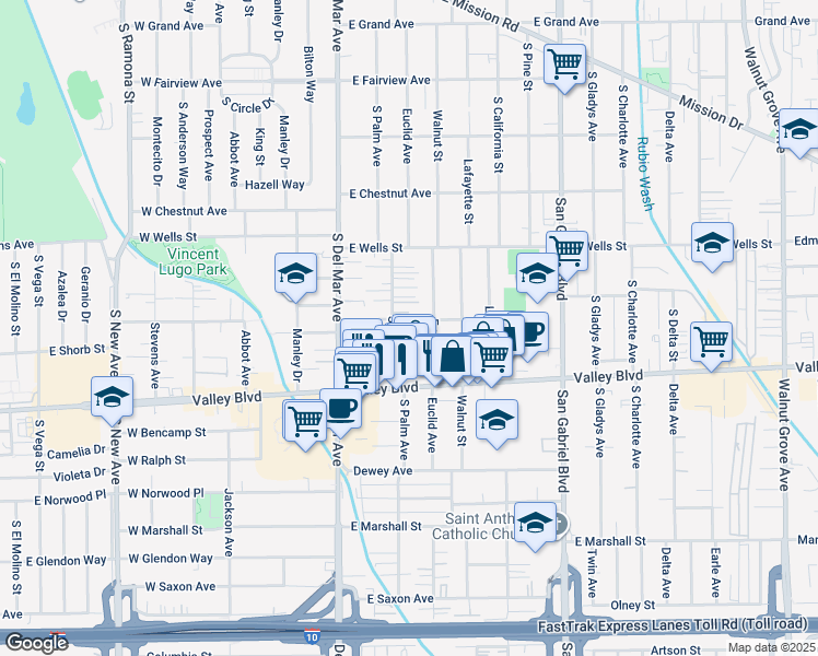 map of restaurants, bars, coffee shops, grocery stores, and more near 1517 Euclid Avenue in San Gabriel