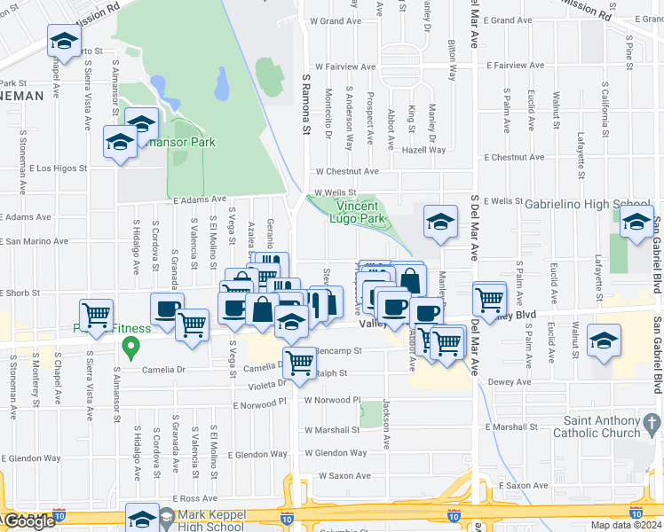 map of restaurants, bars, coffee shops, grocery stores, and more near 1509 Stevens Avenue in San Gabriel