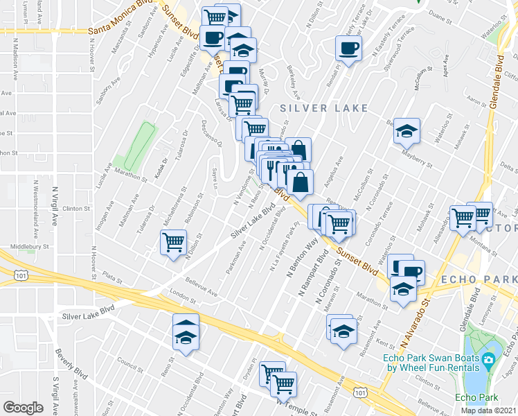 map of restaurants, bars, coffee shops, grocery stores, and more near in Los Angeles