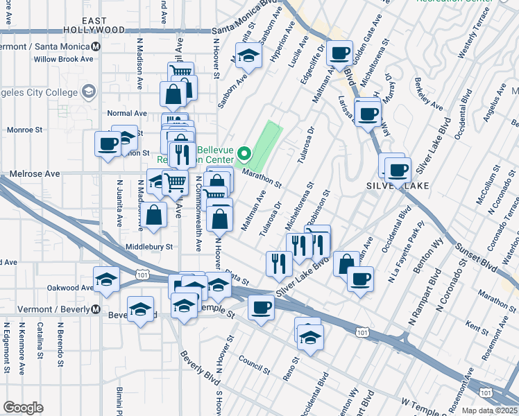 map of restaurants, bars, coffee shops, grocery stores, and more near 647 Maltman Avenue in Los Angeles