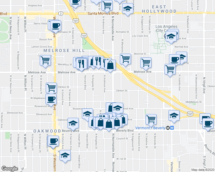 map of restaurants, bars, coffee shops, grocery stores, and more near 555 North Ardmore Avenue in Los Angeles