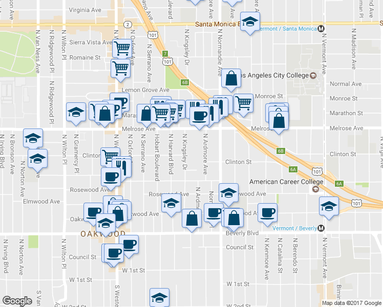 map of restaurants, bars, coffee shops, grocery stores, and more near 555 North Kingsley Drive in Los Angeles