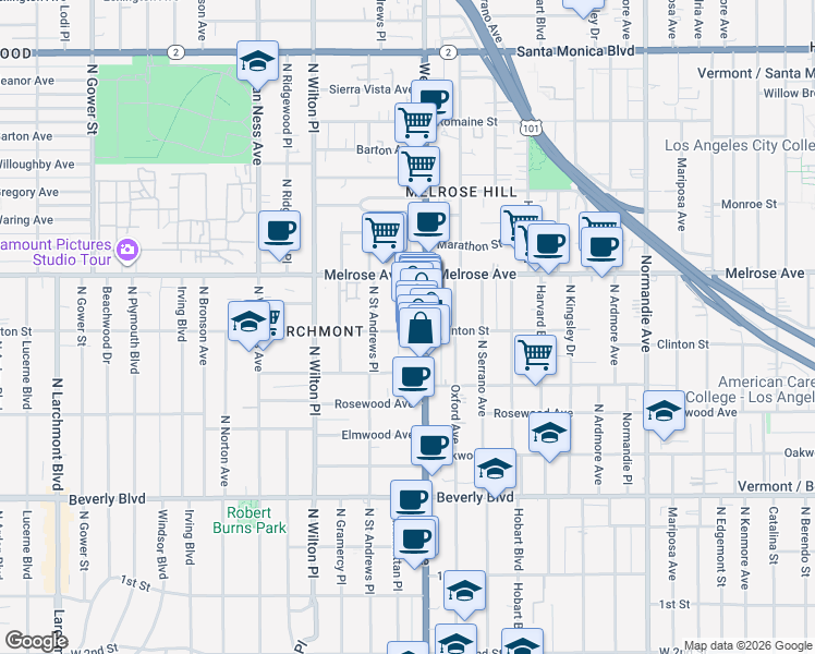 map of restaurants, bars, coffee shops, grocery stores, and more near 559 North Western Avenue in Los Angeles
