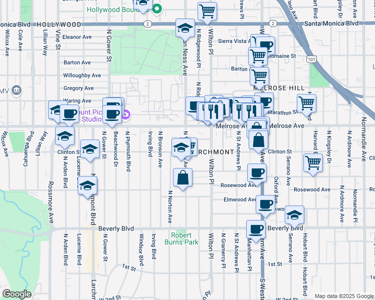 map of restaurants, bars, coffee shops, grocery stores, and more near 542 North Van Ness Avenue in Los Angeles