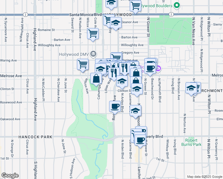 map of restaurants, bars, coffee shops, grocery stores, and more near 601 North Rossmore Avenue in Los Angeles