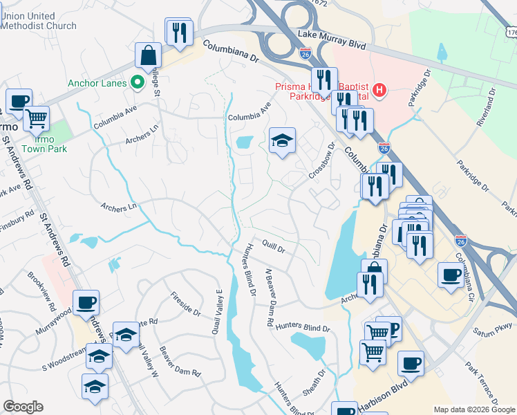 map of restaurants, bars, coffee shops, grocery stores, and more near 128 Crossbow Court in Columbia