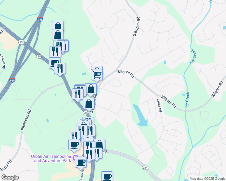 map of restaurants, bars, coffee shops, grocery stores, and more near 3517 Harvest Ridge Lane Northeast in Buford