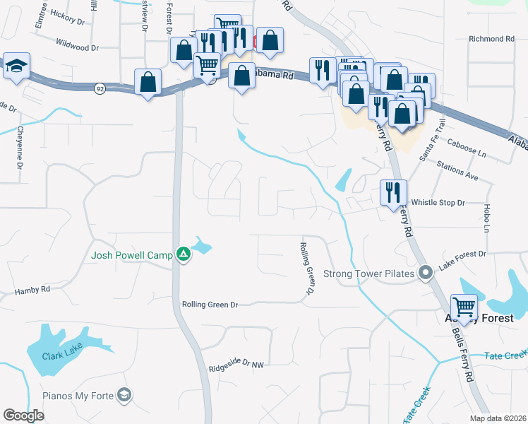 map of restaurants, bars, coffee shops, grocery stores, and more near 5340 Cross Creek Cove in Acworth