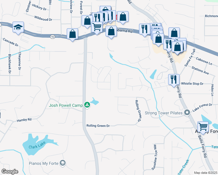 map of restaurants, bars, coffee shops, grocery stores, and more near 463 Marston Pass in Acworth