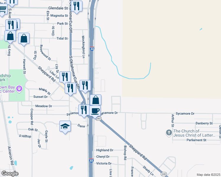 map of restaurants, bars, coffee shops, grocery stores, and more near 3 Patricia Court in Burkburnett