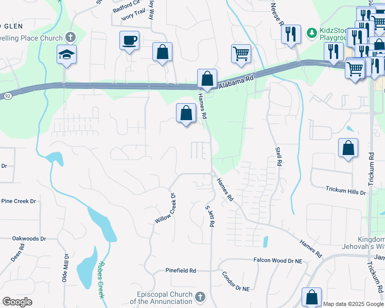 map of restaurants, bars, coffee shops, grocery stores, and more near 5217 Willow Creek Overlook in Woodstock