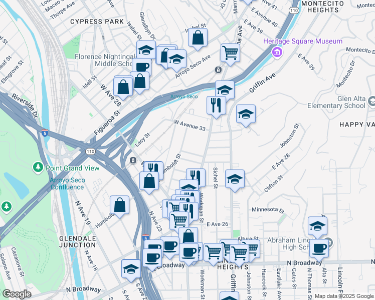 map of restaurants, bars, coffee shops, grocery stores, and more near 141 West Avenue 31 in Los Angeles
