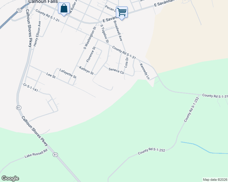 map of restaurants, bars, coffee shops, grocery stores, and more near 125 Walnut Street in Calhoun Falls