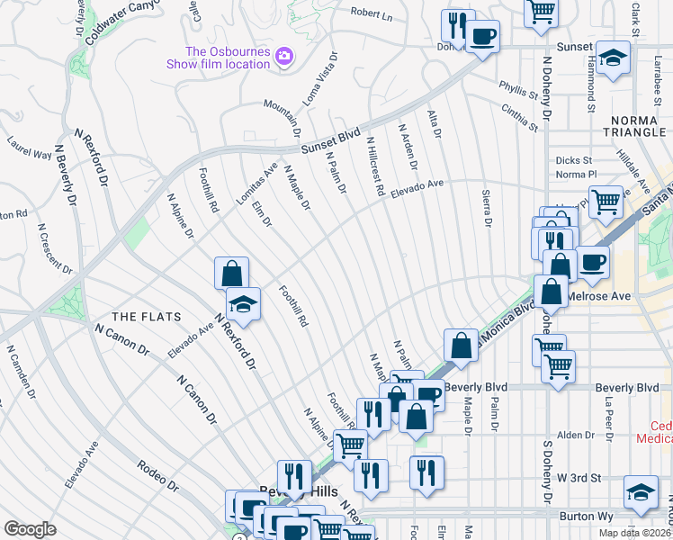 map of restaurants, bars, coffee shops, grocery stores, and more near 617 North Maple Drive in Beverly Hills