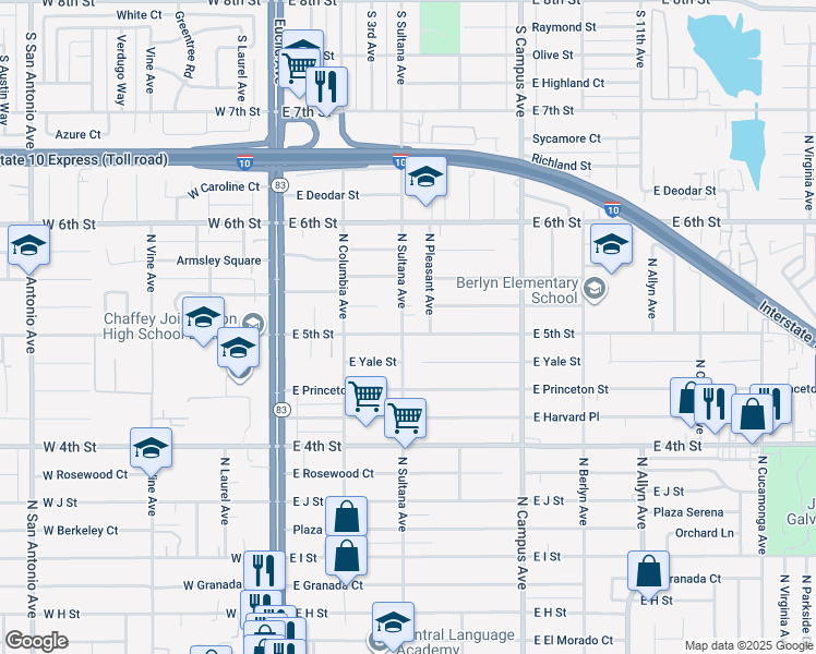 map of restaurants, bars, coffee shops, grocery stores, and more near 501 East 5th Street in Ontario