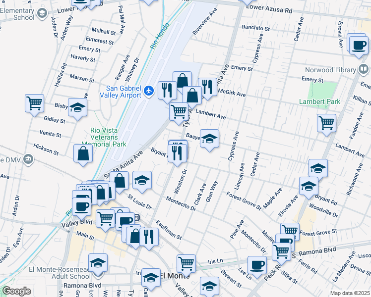 map of restaurants, bars, coffee shops, grocery stores, and more near 4128 Tyler Avenue in El Monte