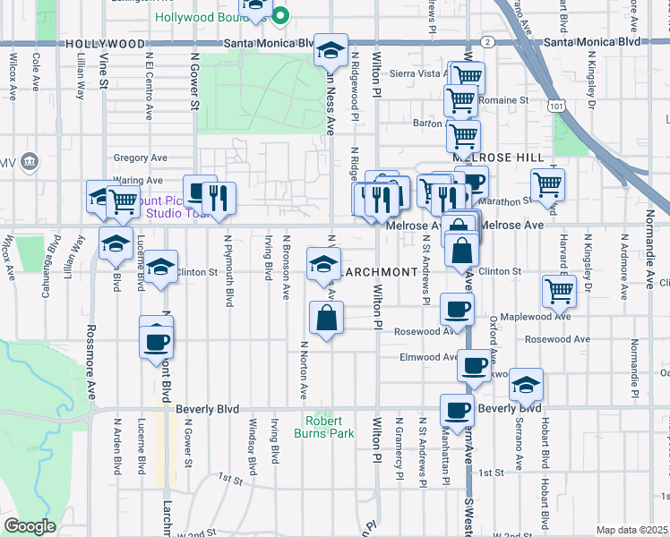 map of restaurants, bars, coffee shops, grocery stores, and more near 542 North Van Ness Avenue in Los Angeles