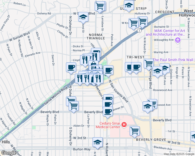 map of restaurants, bars, coffee shops, grocery stores, and more near 627 North Robertson Boulevard in West Hollywood