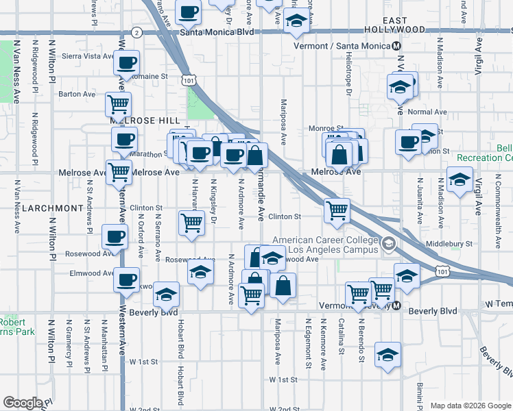 map of restaurants, bars, coffee shops, grocery stores, and more near 601 North Normandie Avenue in Los Angeles