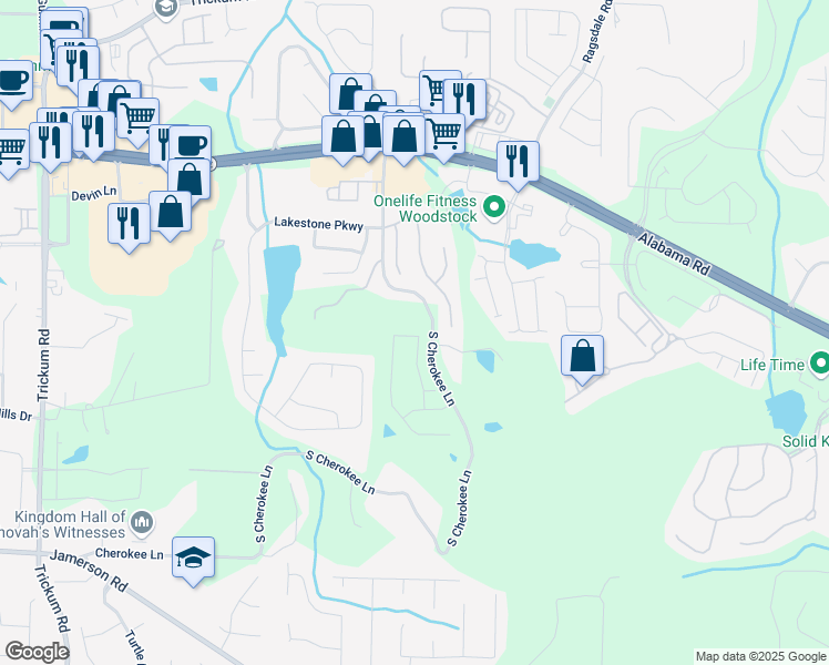 map of restaurants, bars, coffee shops, grocery stores, and more near 262 Tillman Pass in Woodstock