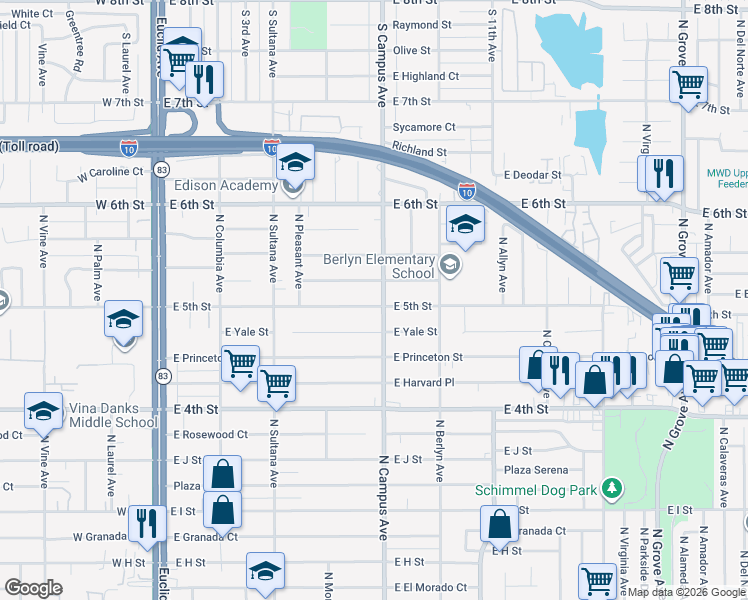 map of restaurants, bars, coffee shops, grocery stores, and more near 659 East 5th Street in Ontario