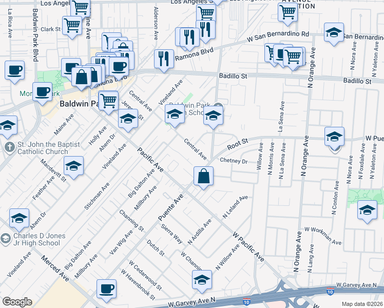 map of restaurants, bars, coffee shops, grocery stores, and more near 14900 Central Avenue in Baldwin Park