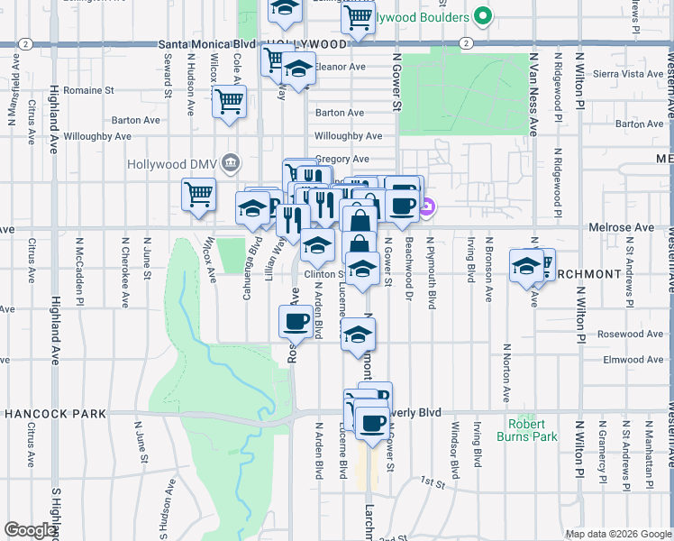 map of restaurants, bars, coffee shops, grocery stores, and more near 5651 Clinton Street in Los Angeles