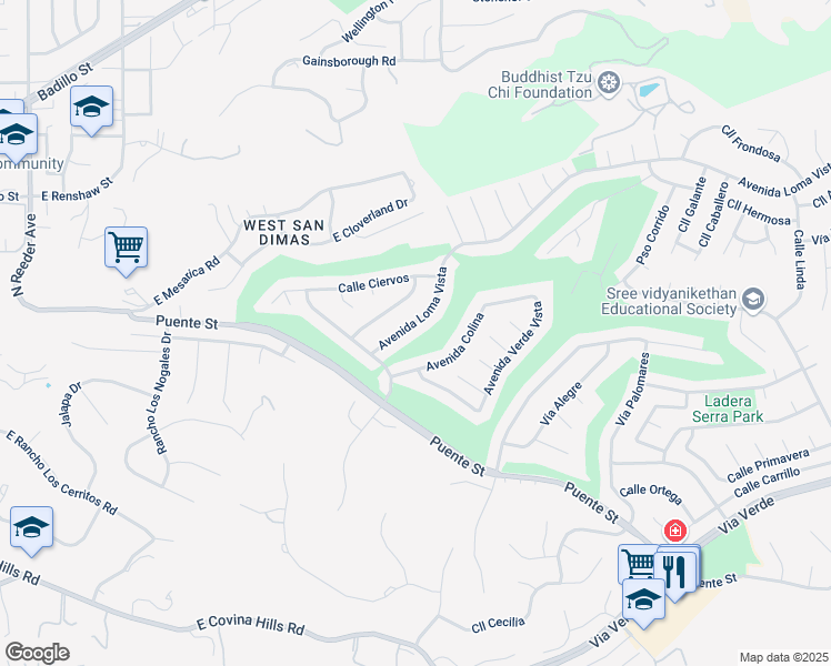 map of restaurants, bars, coffee shops, grocery stores, and more near 1608 Avenida Loma Vista in San Dimas