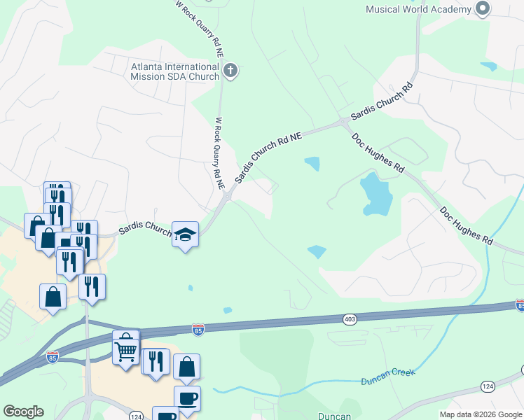 map of restaurants, bars, coffee shops, grocery stores, and more near 2651 West Rock Quarry Road Northeast in Buford