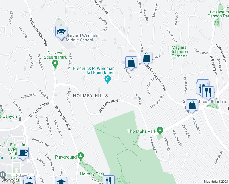 map of restaurants, bars, coffee shops, grocery stores, and more near 225 North Carolwood Drive in Los Angeles
