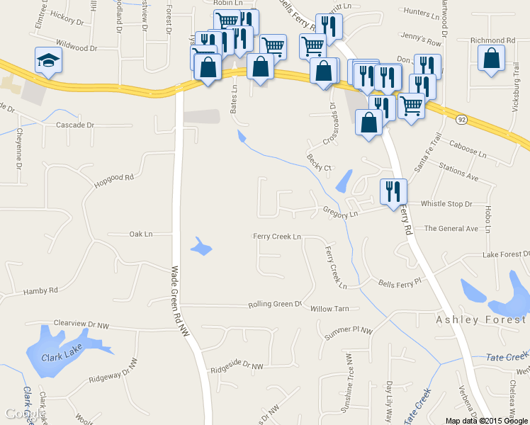 map of restaurants, bars, coffee shops, grocery stores, and more near 5340 Cross Creek Cove in Acworth