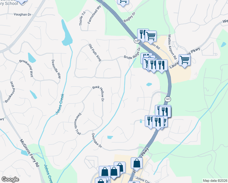 map of restaurants, bars, coffee shops, grocery stores, and more near 3810 Shiloh Ridge Run in Suwanee