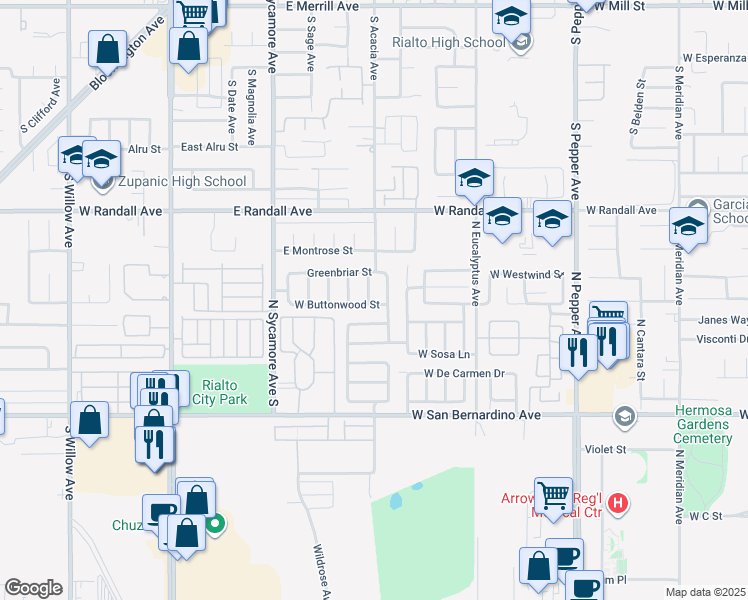 map of restaurants, bars, coffee shops, grocery stores, and more near 1332 North Candleberry Road in Colton