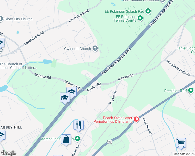 map of restaurants, bars, coffee shops, grocery stores, and more near 315 Peachtree Industrial Blvd in Sugar Hill