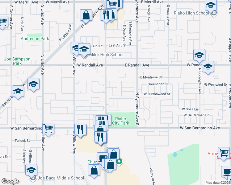 map of restaurants, bars, coffee shops, grocery stores, and more near 1025 South Riverside Avenue in Rialto