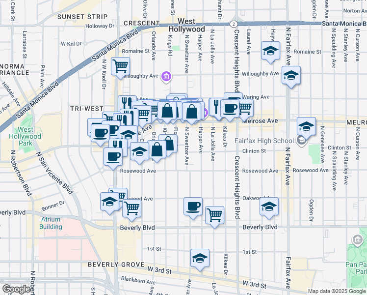 map of restaurants, bars, coffee shops, grocery stores, and more near 546 North Flores Street in West Hollywood