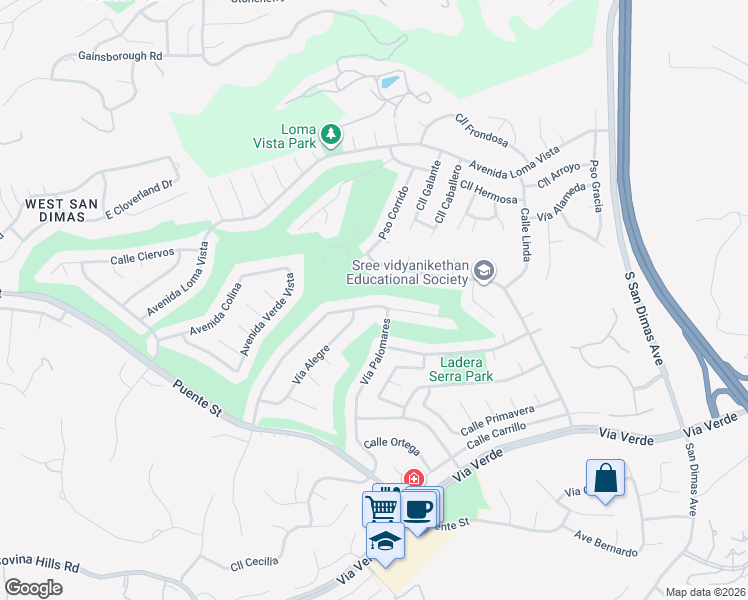 map of restaurants, bars, coffee shops, grocery stores, and more near 1600 Vía Alegre in San Dimas