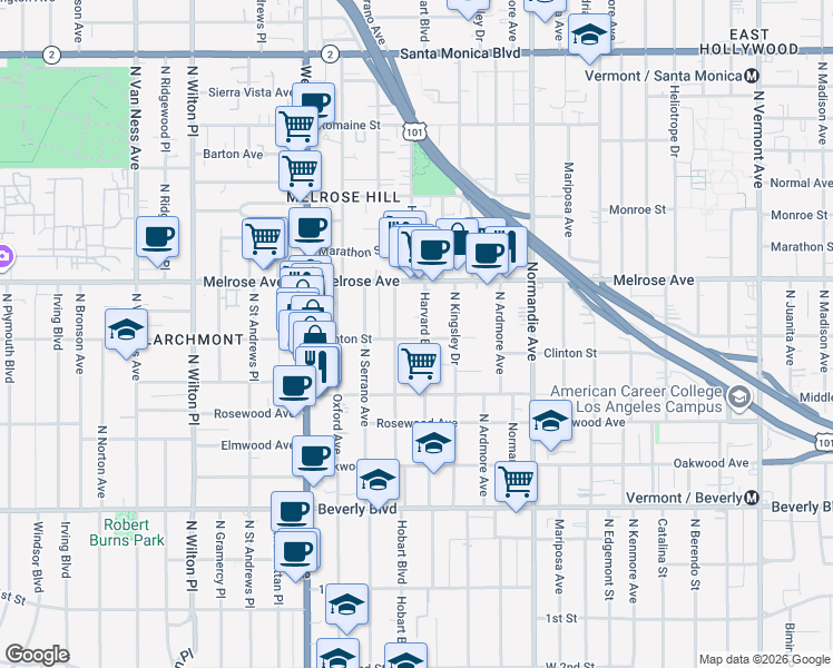 map of restaurants, bars, coffee shops, grocery stores, and more near 4707 Clinton Street in Los Angeles